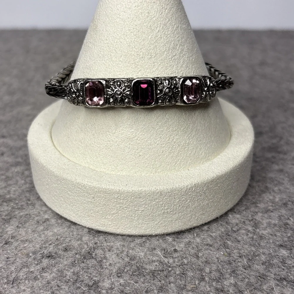 Purple Glass Stone Bracelet Silver Tone Bali Style Magnetic Clasp 7.5
